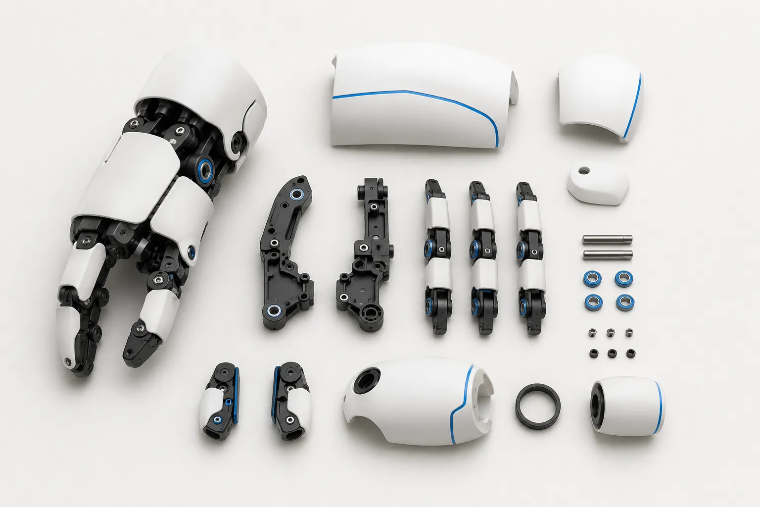 Robotgrijper en onderdelen uitgelegd als flatlay